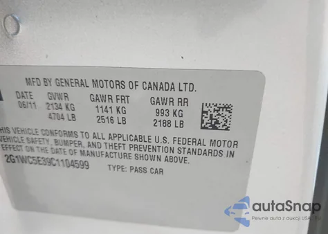 2012 Chevrolet Impala Ltz from USA, damaged, VIN 2G1WC5E39C1104599